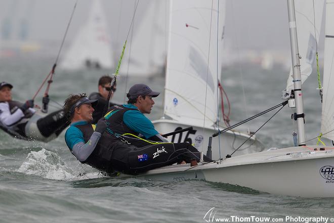 Mathew Belcher and Will Ryan in the final fleet race at the 470 Worlds 2013 © Thom Touw http://www.thomtouw.com
